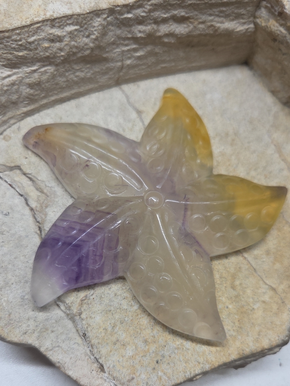 Carved Starfish Fluorite Crystal Stone- Purple and Yellow